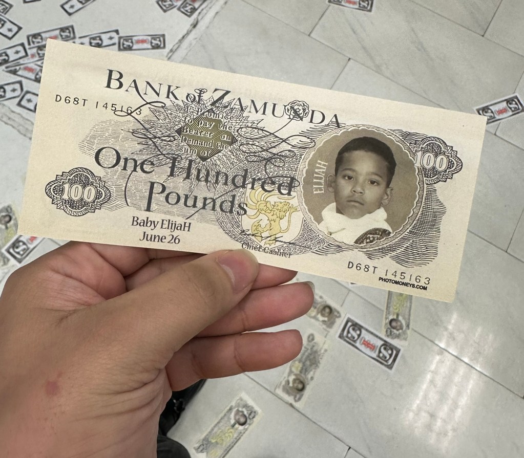 Custom Bank of Zamunda currency featuring Prince Elijah as part of a Coming to America themed baby shower.