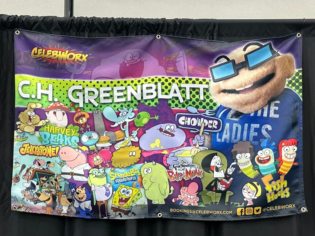 C.H. Greenblatt guest banner at Nostalgia Con Houston 2026 featuring Chowder, Harvey Beaks, Jellystone!, Fish Hooks, and The Grim Adventures of Billy & Mandy.