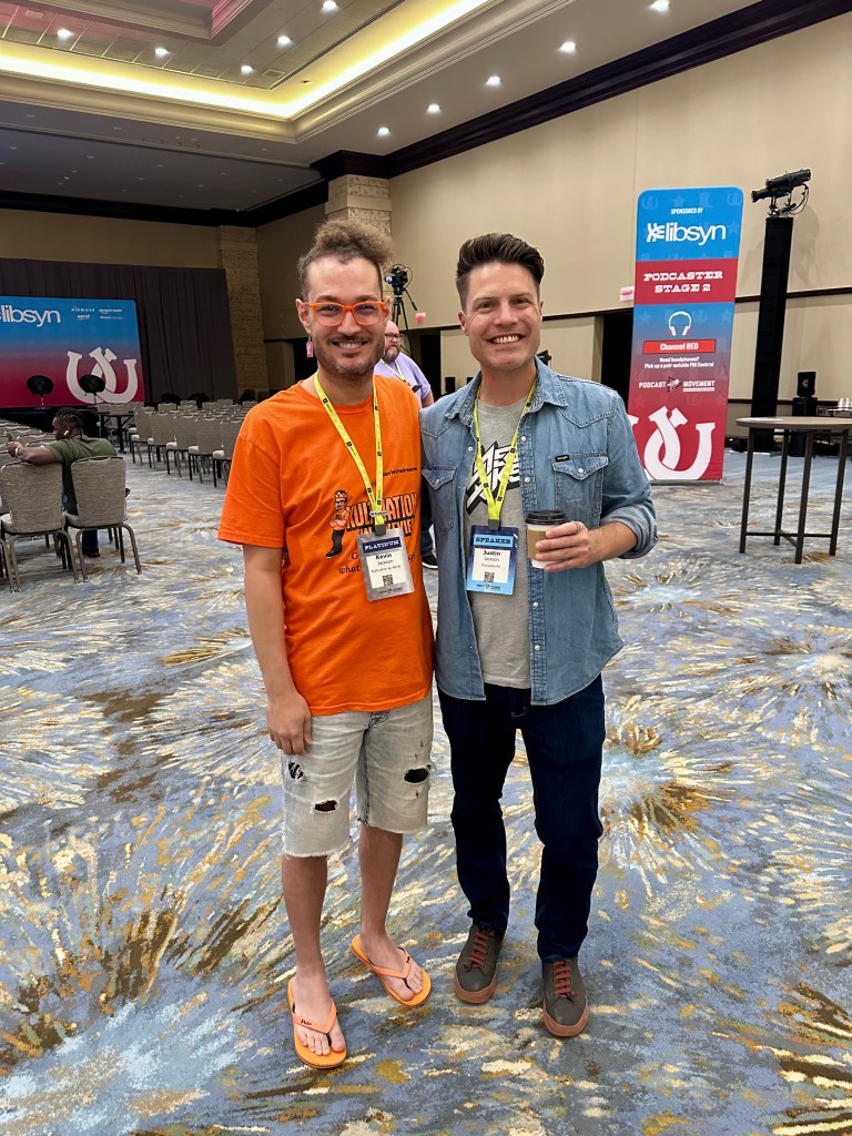 Kevie The Dreamer with entrepreneur and podcaster Justin Jackson at Podcast Movement Dallas 2025.