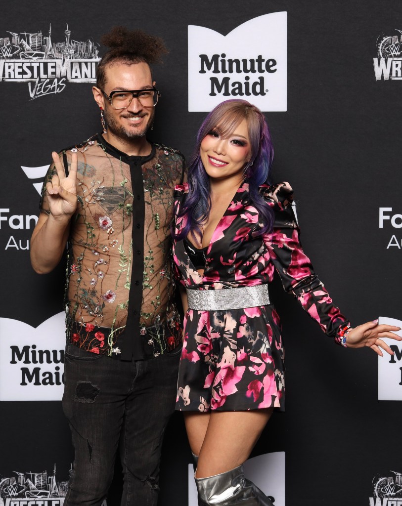 Kevie The Dreamer posing with WWE Superstar Kairi Sane during WrestleMania 41 weekend in Las Vegas.